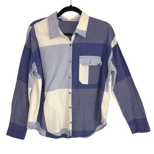 Roxy Plaid Colorblock Cotton Button Down Shirt Sz M Blue Cream Oversized Surf